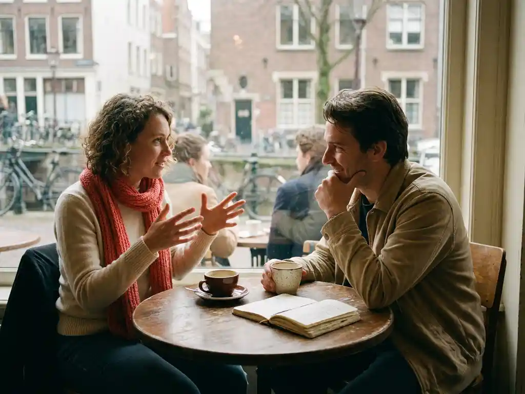 Twee mensen in gesprek aan een houten cafétafel in Amsterdam, met koffie en een opengeslagen notitieboek, in warm natuurlijk daglicht.