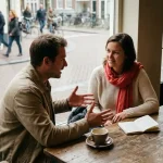Twee mensen in gesprek aan een versleten houten cafétafel in Amsterdam, één leunt voorover met open handen, ander luistert aandachtig.