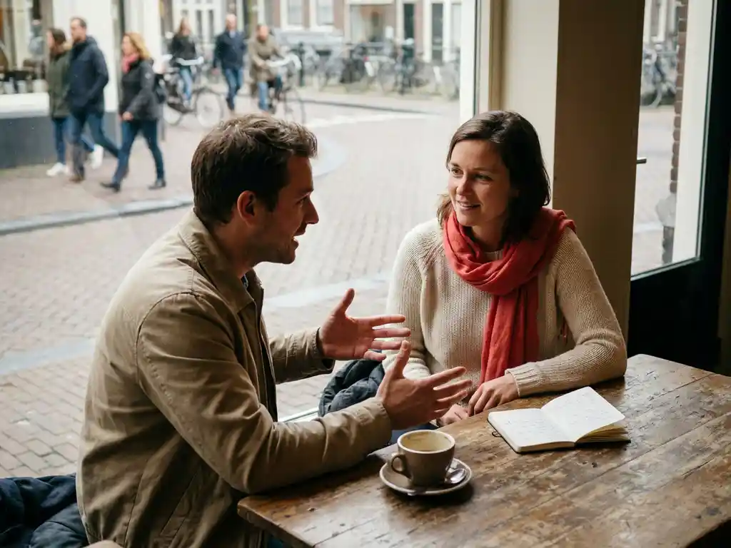 Twee mensen in gesprek aan een versleten houten cafétafel in Amsterdam, één leunt voorover met open handen, ander luistert aandachtig.