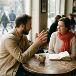 Twee mensen in gesprek aan een houten cafétafel in Amsterdam, één gebarend, de ander glimlachend luisterend, met koffie en notitieboek.