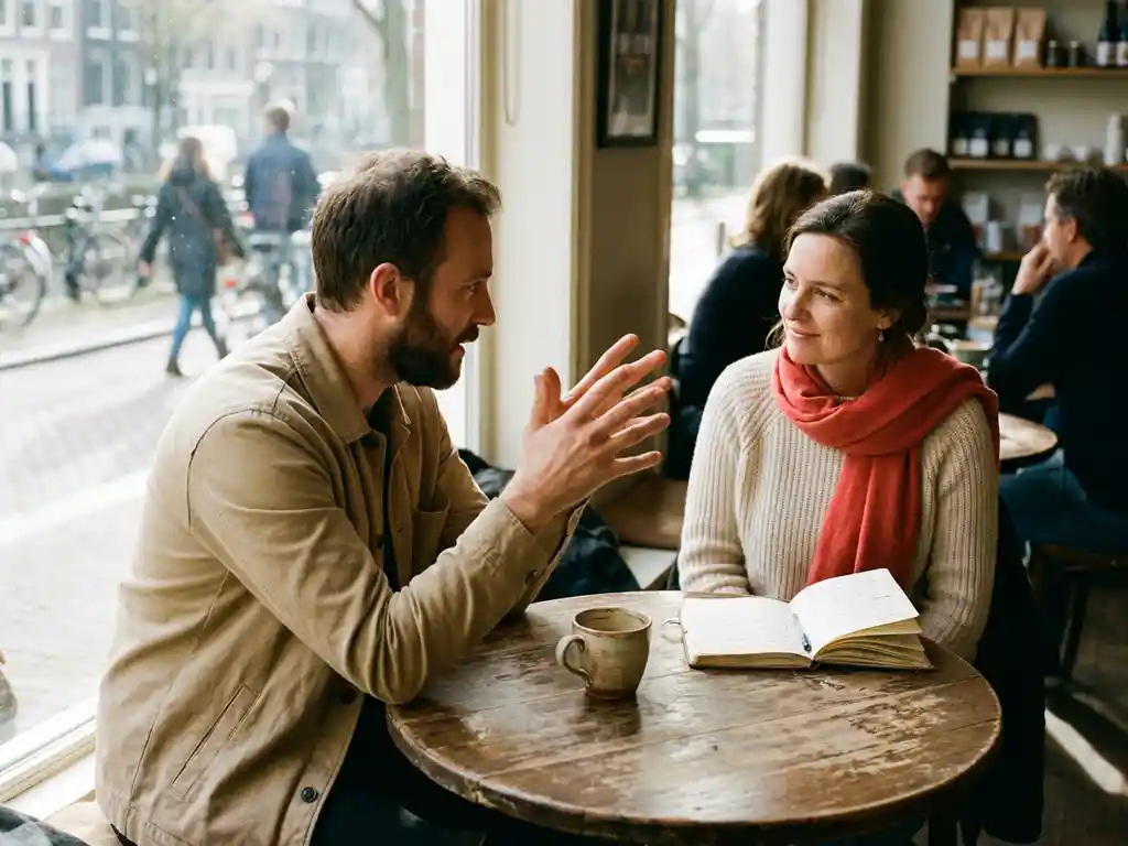 Twee mensen in gesprek aan een houten cafétafel in Amsterdam, één gebarend, de ander glimlachend luisterend, met koffie en notitieboek.