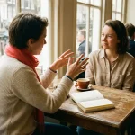 Twee mensen in gesprek aan een houten cafétafel in Amsterdam, met expressieve handgebaren en een open notitieboek in warm daglicht.