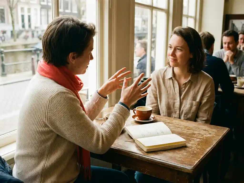 Twee mensen in gesprek aan een houten cafétafel in Amsterdam, met expressieve handgebaren en een open notitieboek in warm daglicht.