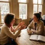 Twee mensen in gesprek aan een houten cafétafel in Amsterdam, met koffie en notitieboek, warm daglicht door grote ramen.