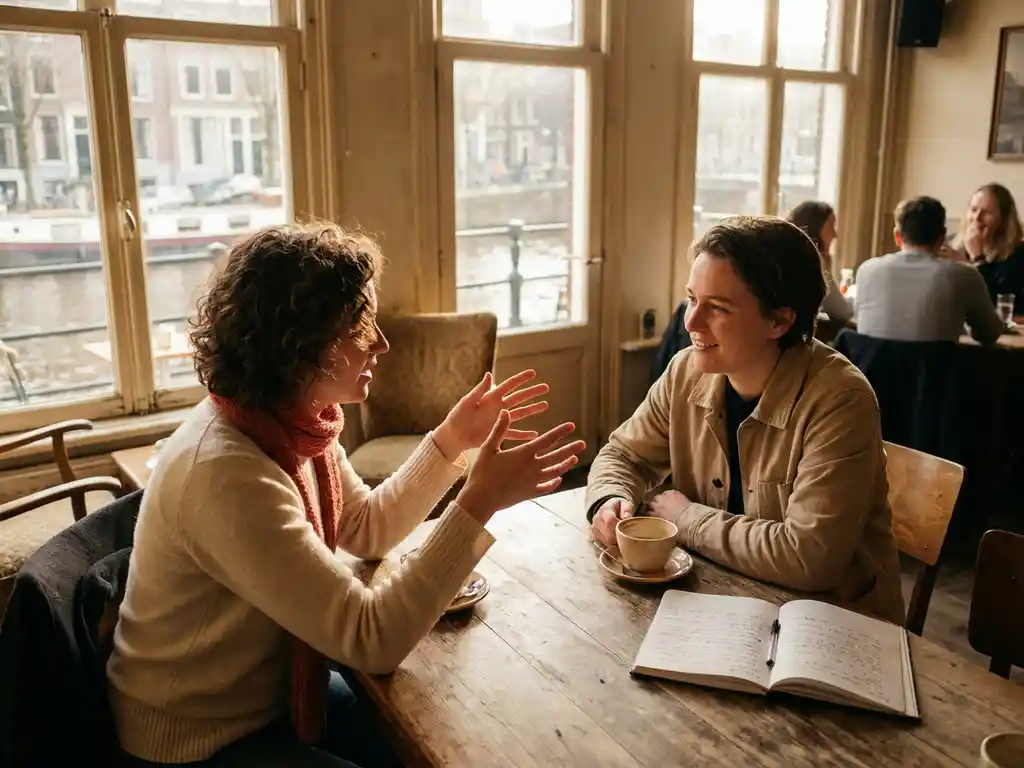 Twee mensen in gesprek aan een houten cafétafel in Amsterdam, met koffie en notitieboek, warm daglicht door grote ramen.