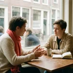 Twee mensen in gesprek aan een versleten houten cafétafel in Amsterdam, één gebarend, de ander aandachtig luisterend, met koffie en notitieboek.