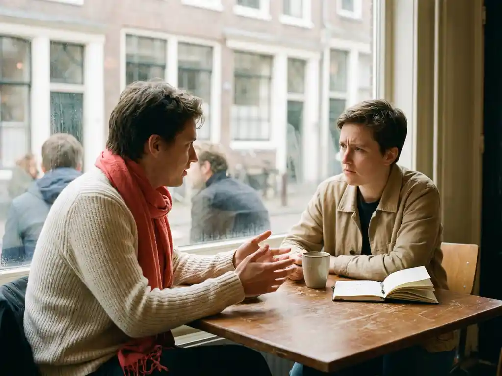 Twee mensen in gesprek aan een versleten houten cafétafel in Amsterdam, één gebarend, de ander aandachtig luisterend, met koffie en notitieboek.