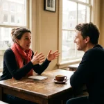 Twee mensen in gesprek aan een houten cafétafel in Amsterdam, met koffie en notitieboekje, zachte natuurlijke belichting.