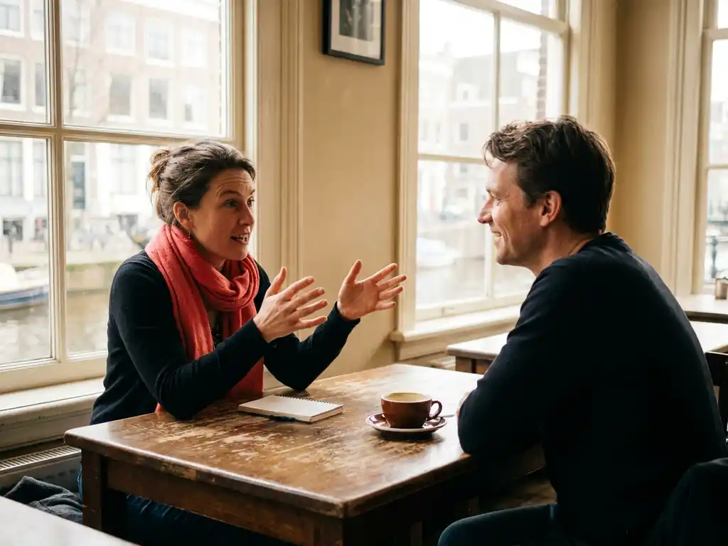 Twee mensen in gesprek aan een houten cafétafel in Amsterdam, met koffie en notitieboekje, zachte natuurlijke belichting.