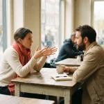 Twee mensen in gesprek aan een houten cafétafel in Amsterdam, één gebarend met open handen, ander aandachtig luisterend, keramische koffiekop en notitieboekje erbij.