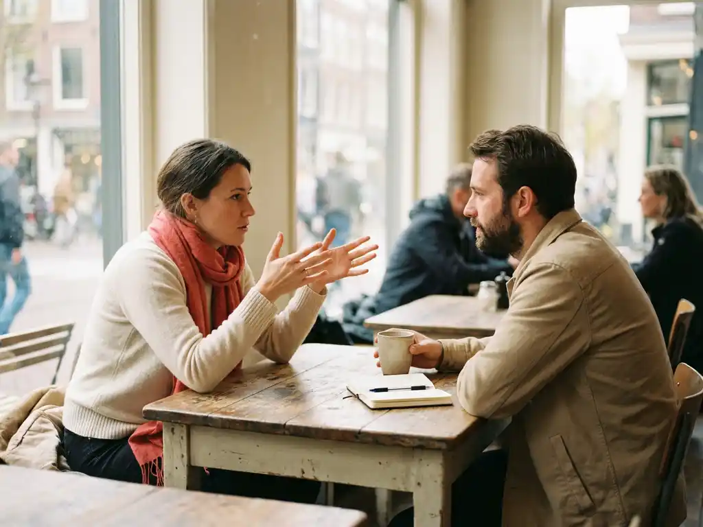 Twee mensen in gesprek aan een houten cafétafel in Amsterdam, één gebarend met open handen, ander aandachtig luisterend, keramische koffiekop en notitieboekje erbij.