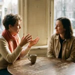 Twee mensen in gesprek aan een houten cafétafel in Amsterdam, één leunt voorover met een gebaar, de ander luistert aandachtig.