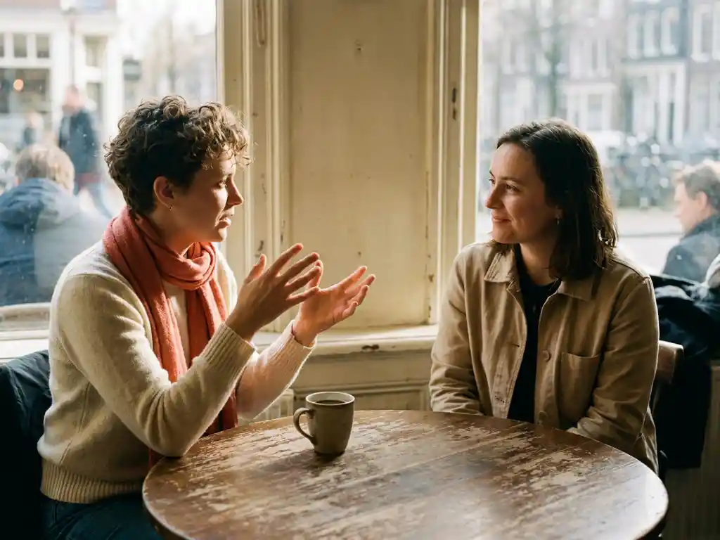 Twee mensen in gesprek aan een houten cafétafel in Amsterdam, één leunt voorover met een gebaar, de ander luistert aandachtig.