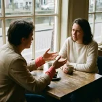 Twee mensen in gesprek aan een houten cafétafel in Amsterdam, één gebarend met open handen, de ander aandachtig luisterend.