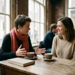Twee mensen in gesprek aan een houten cafétafel in Amsterdam, met koffiekopjes en een notitieboek, warm natuurlijk licht.