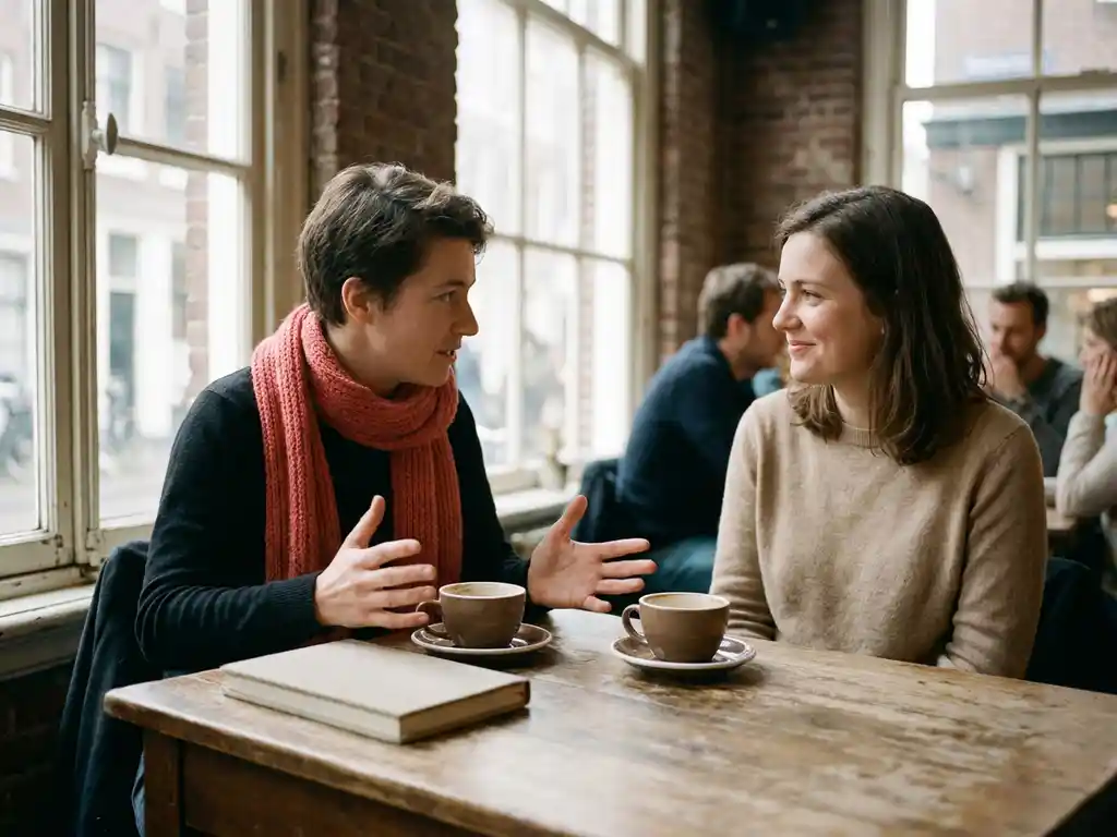 Twee mensen in gesprek aan een houten cafétafel in Amsterdam, met koffiekopjes en een notitieboek, warm natuurlijk licht.