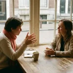 Twee mensen in gesprek aan een houten cafétafel in Amsterdam, met koffiekopjes en notitieboekje, in warm natuurlijk daglicht.