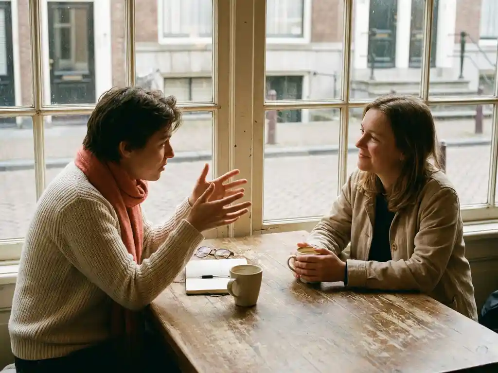 Twee mensen in gesprek aan een houten cafétafel in Amsterdam, met koffiekopjes en notitieboekje, in warm natuurlijk daglicht.