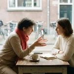 Twee mensen in gesprek aan een houten cafétafel in Amsterdam, één leunt voorover met open handen, ander luistert aandachtig, koffiekopje en notitieboekje erbij.