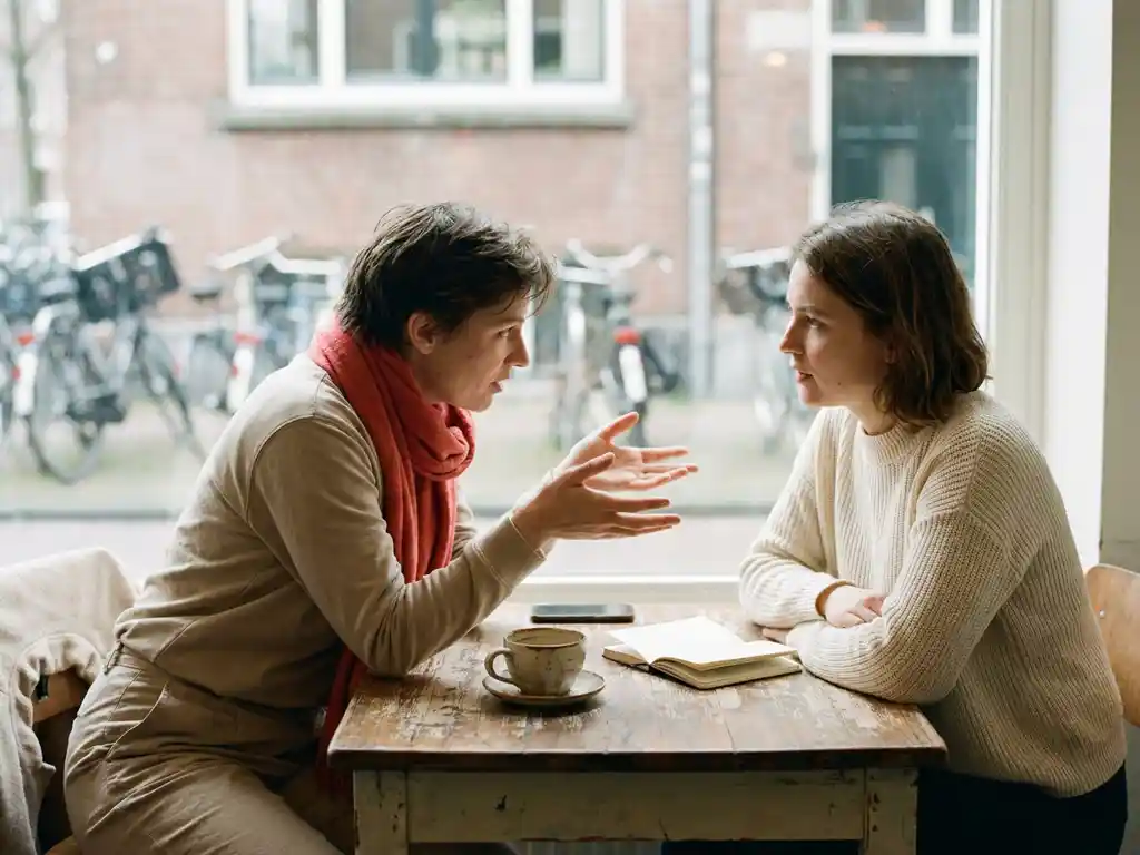 Twee mensen in gesprek aan een houten cafétafel in Amsterdam, één leunt voorover met open handen, ander luistert aandachtig, koffiekopje en notitieboekje erbij.