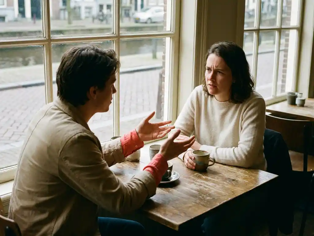Twee mensen in gesprek aan een houten cafétafel in Amsterdam, één gebarend met open handen, de ander aandachtig luisterend.