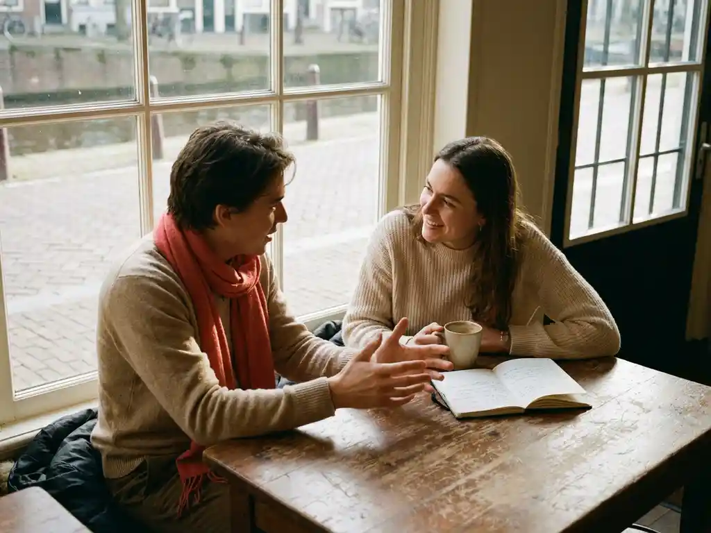 Twee mensen in gesprek aan een houten cafétafel in Amsterdam, één gebarend, de ander aandachtig luisterend, met koffie en notitieboek.