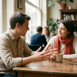Twee mensen in gesprek aan een versleten houten cafétafel in Amsterdam, één leunt voorover met open handen, ander luistert glimlachend.