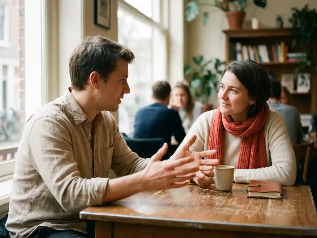 Twee mensen in gesprek aan een versleten houten cafétafel in Amsterdam, één leunt voorover met open handen, ander luistert glimlachend.