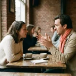 Twee mensen in levendig gesprek aan een houten cafétafel in Amsterdam, met koffiekopjes en een notitieboekje in zacht natuurlijk licht.