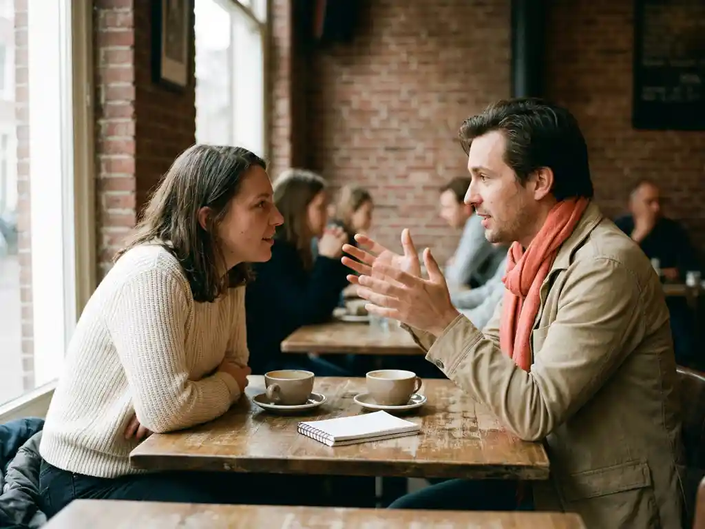 Twee mensen in levendig gesprek aan een houten cafétafel in Amsterdam, met koffiekopjes en een notitieboekje in zacht natuurlijk licht.