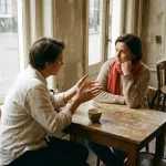 Twee mensen in gesprek aan een verweerde houten cafétafel in Amsterdam, één leant voorover met open handen, zachte zijdelings raamlicht.