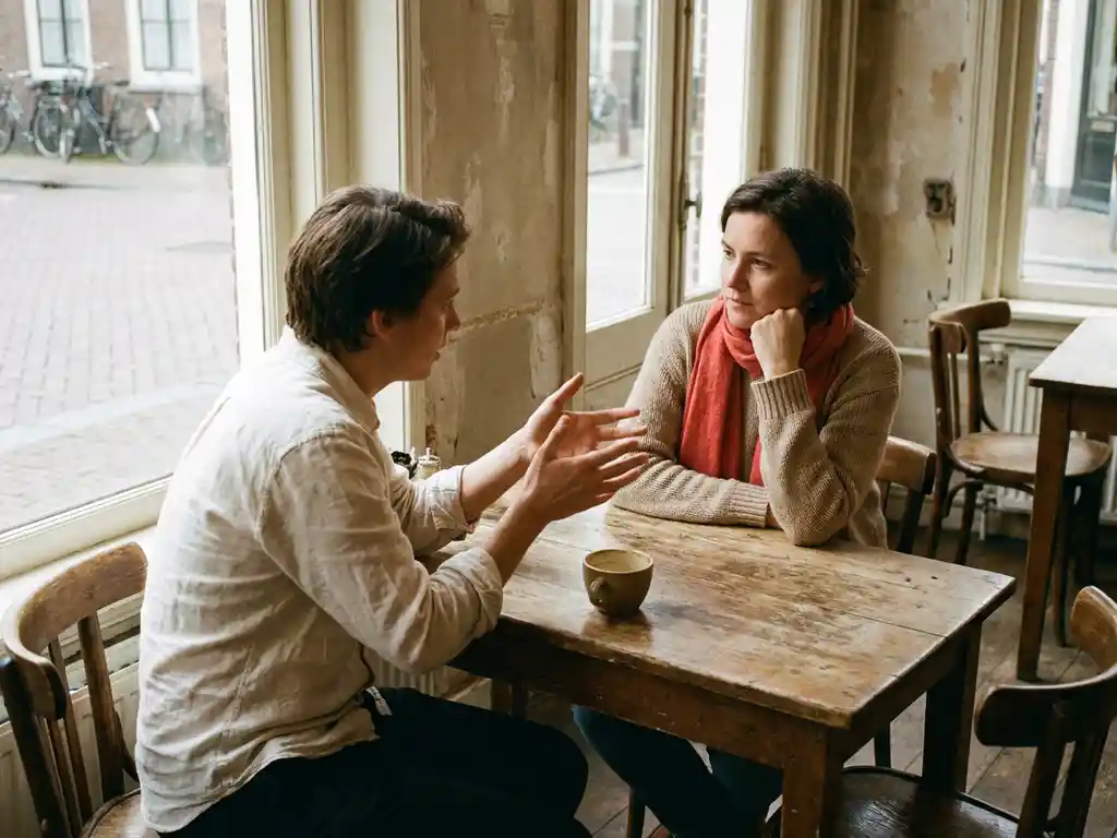 Twee mensen in gesprek aan een verweerde houten cafétafel in Amsterdam, één leant voorover met open handen, zachte zijdelings raamlicht.
