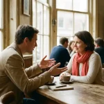 Twee mensen in gesprek aan een houten cafétafel in Amsterdam, met koffie en notitieboekje, warm natuurlijk licht.