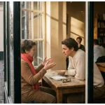 Twee mensen in gesprek aan een houten cafétafel in Amsterdam, met koffie en notitieboekje, warm natuurlijk licht.