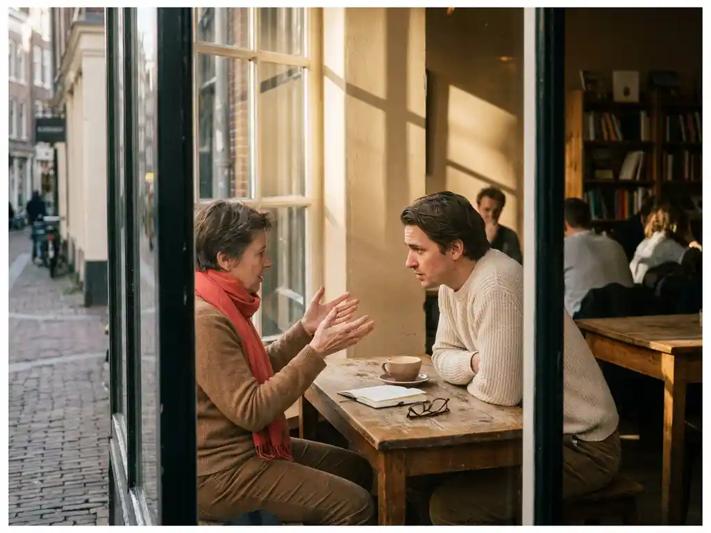 Twee mensen in gesprek aan een houten cafétafel in Amsterdam, met koffie en notitieboekje, warm natuurlijk licht.