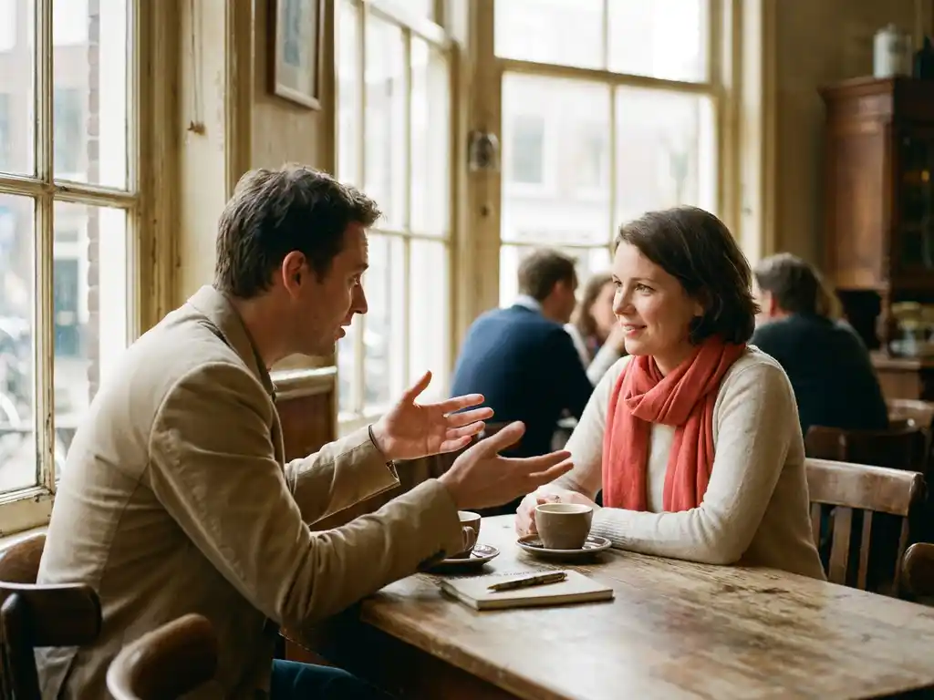 Twee mensen in gesprek aan een houten cafétafel in Amsterdam, met koffie en notitieboekje, warm natuurlijk licht.