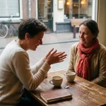 Twee mensen in gesprek aan een houten cafétafel in Amsterdam, één leant voorover met open handen, de ander luistert glimlachend.