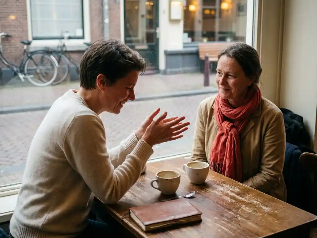 Twee mensen in gesprek aan een houten cafétafel in Amsterdam, één leant voorover met open handen, de ander luistert glimlachend.
