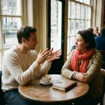 Twee mensen in gesprek aan een houten cafétafel in Amsterdam, één gebarend met open handen, keramische koffiekop en notitieboekje erbij.