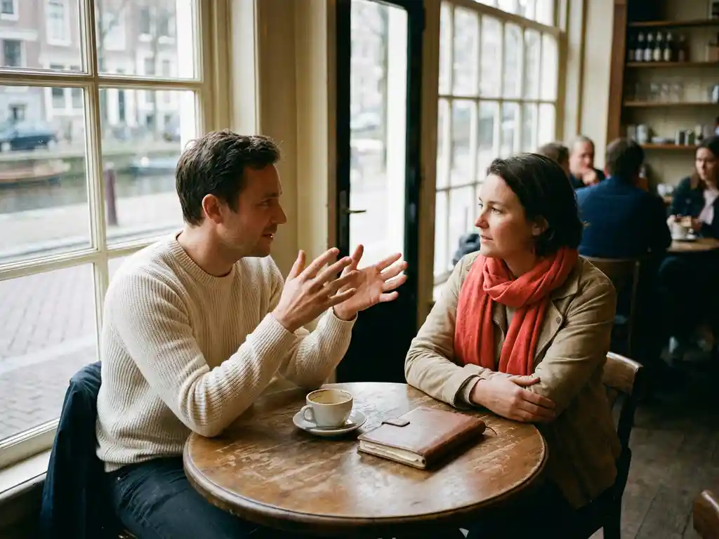 Twee mensen in gesprek aan een houten cafétafel in Amsterdam, één gebarend met open handen, keramische koffiekop en notitieboekje erbij.
