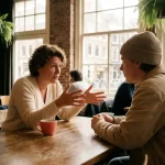 Vrouw in gesprek met jongere persoon aan houten cafétafel in Amsterdam, koraalrood kopje op tafel, warm natuurlijk licht.