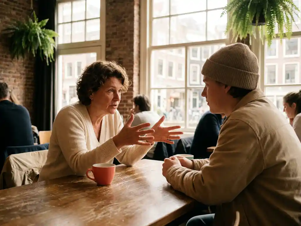 Vrouw in gesprek met jongere persoon aan houten cafétafel in Amsterdam, koraalrood kopje op tafel, warm natuurlijk licht.