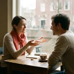 Twee mensen in gesprek aan een houten cafétafel in Amsterdam, warm oogcontact, keramische koffiekop en notitieboekje op tafel.
