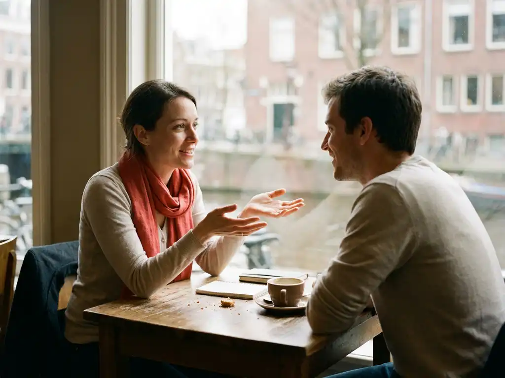 Twee mensen in gesprek aan een houten cafétafel in Amsterdam, warm oogcontact, keramische koffiekop en notitieboekje op tafel.