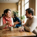 Twee mensen in gesprek aan een houten cafétafel, één gebarend, de ander aandachtig luisterend, met een keramische koffiekop in zacht natuurlijk licht.
