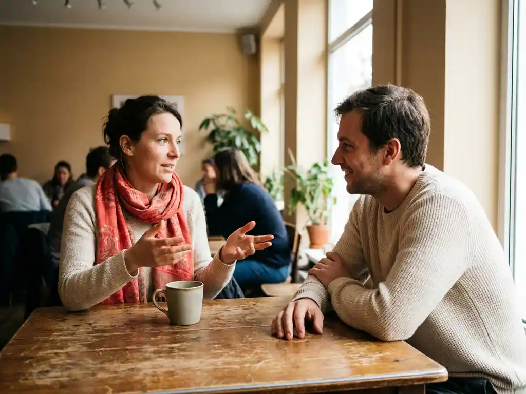 Twee mensen in gesprek aan een houten cafétafel, één gebarend, de ander aandachtig luisterend, met een keramische koffiekop in zacht natuurlijk licht.