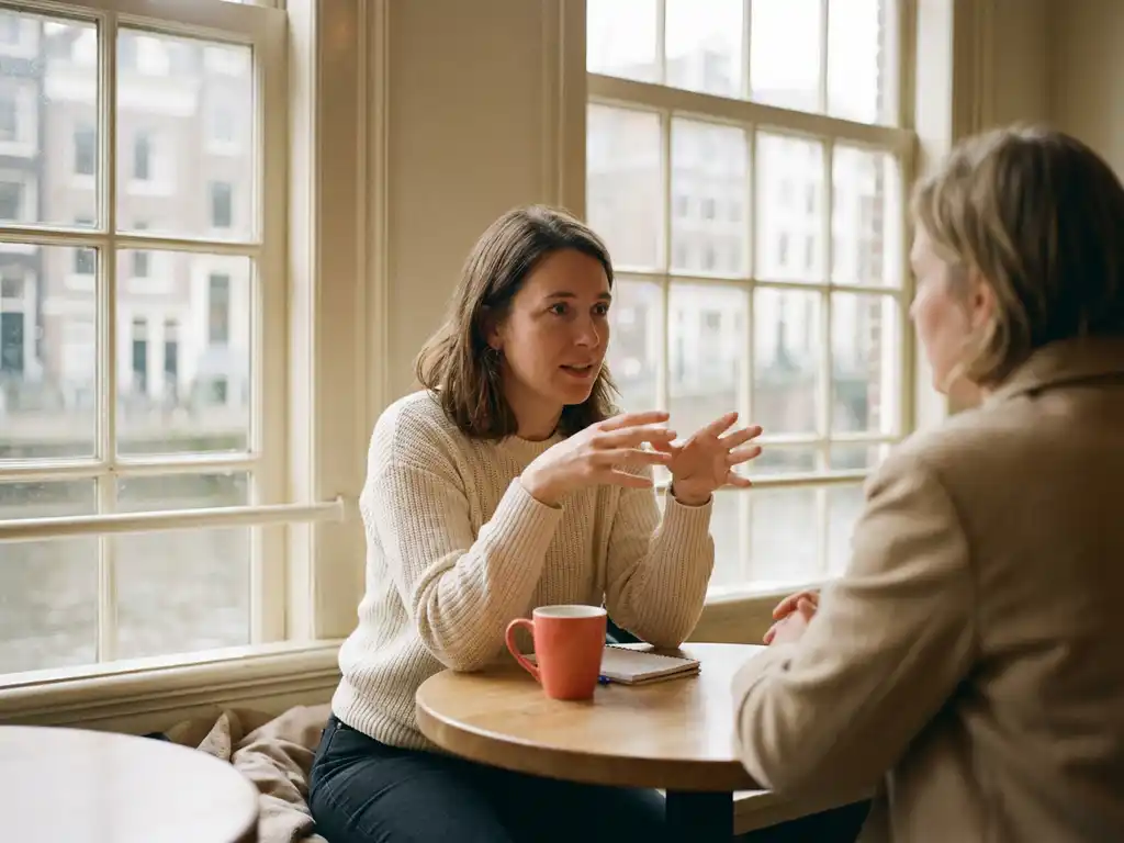 Vrouw in gesprek aan een houten cafétafel in Amsterdam, handen gebarend, zachte daglichtsfeer met koraalrood keramisch kopje.