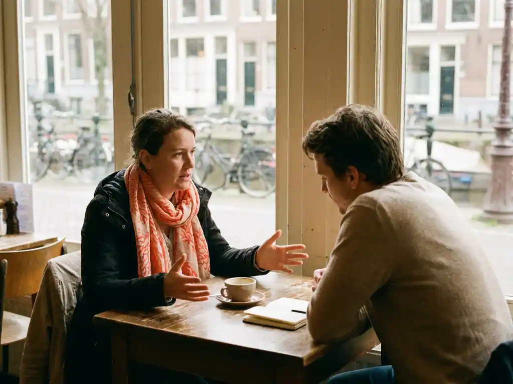 Klant en consultant in gesprek aan een houten cafétafel in Amsterdam, met open handgebaren en aandachtige houding bij zacht daglicht.