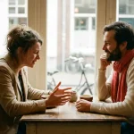 Gefrustreerde cliënt gebaart over een houten cafétafel terwijl een aandachtige gesprekspartner luistert, koffie tussen hen in, Amsterdam daglicht.