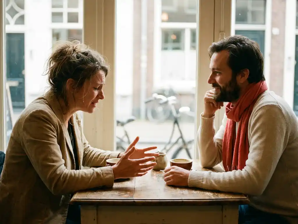 Gefrustreerde cliënt gebaart over een houten cafétafel terwijl een aandachtige gesprekspartner luistert, koffie tussen hen in, Amsterdam daglicht.